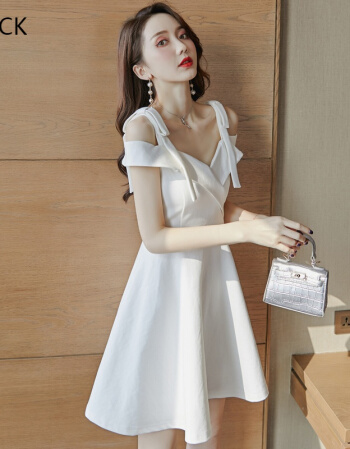KM CK 宴会气质平时可穿显瘦吊带一字肩连衣裙白色小晚礼服裙